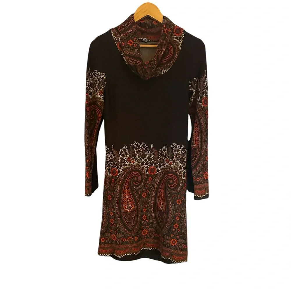 Vintage style Natura Dress brown long sleeve w/ cowl neck & 70s print.
